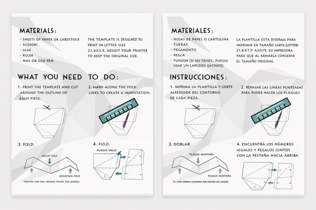 3D deer head papercraft template instructions with materials list and folding guide