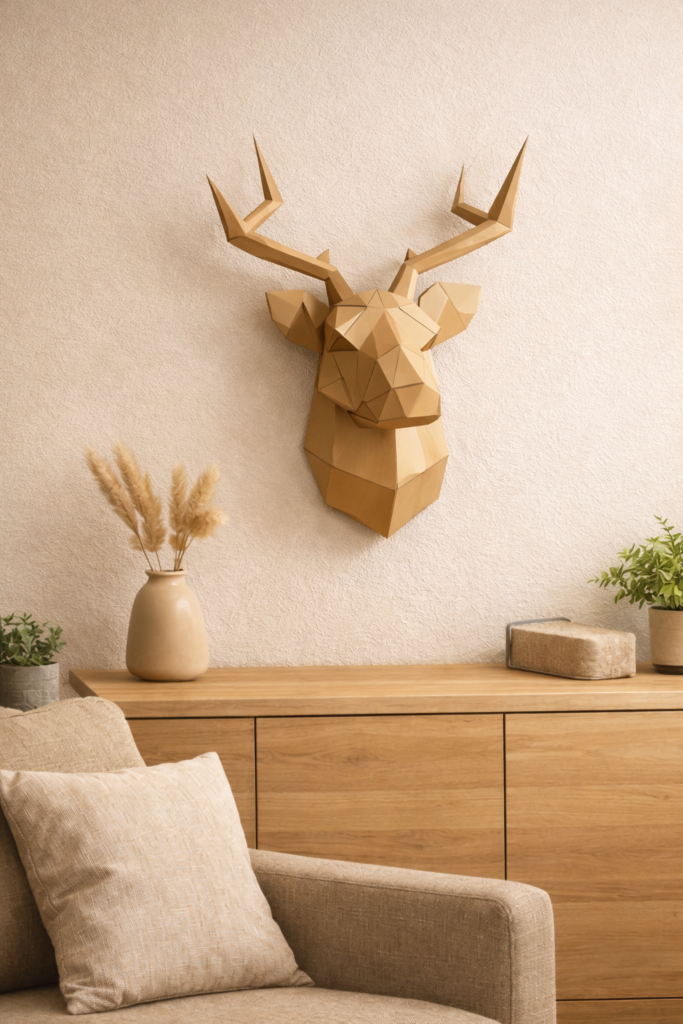 Modern 3D deer head papercraft wall decor in living room interior