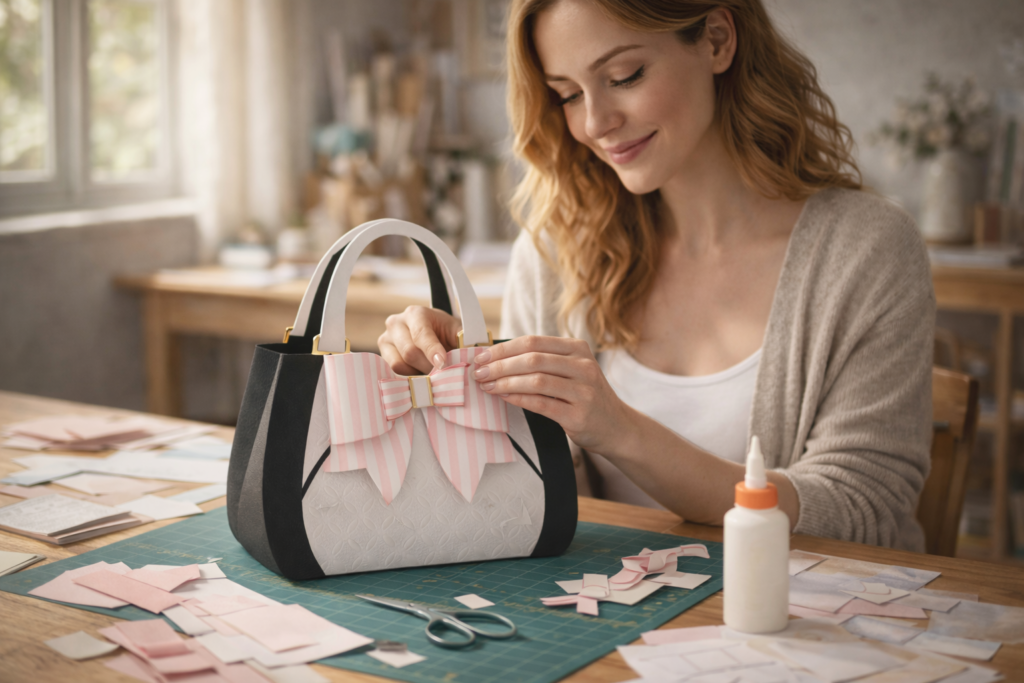 Woman assembling 3D paper handbag template with printable SVG pattern and crafting tools