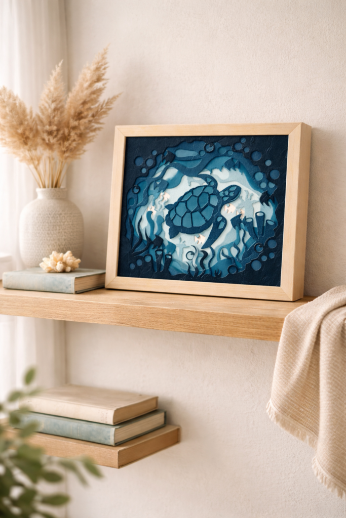 Layered sea turtle shadow box SVG framed artwork styled on a light wooden shelf in a coastal interior