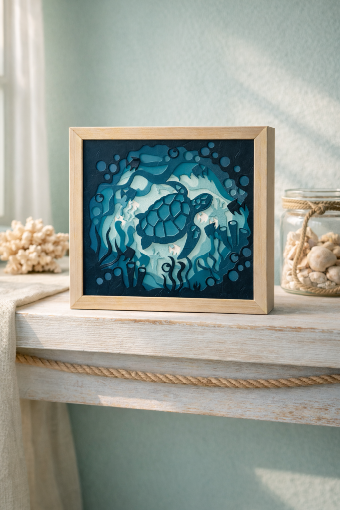 Layered sea turtle shadow box SVG framed ocean decor placed on a beach-inspired console table