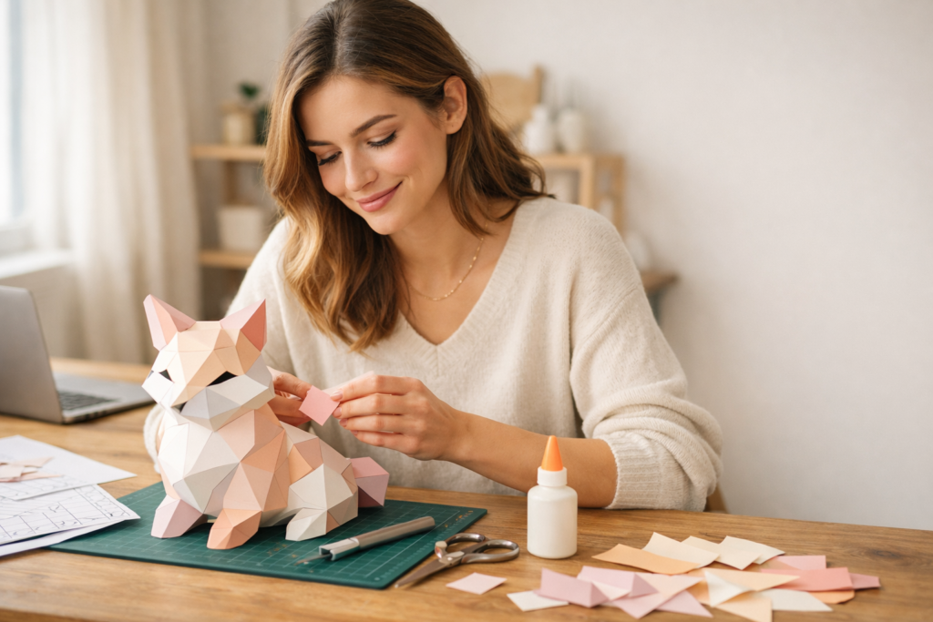 Creative woman crafting a low poly 3D paper animal model at a home workspace