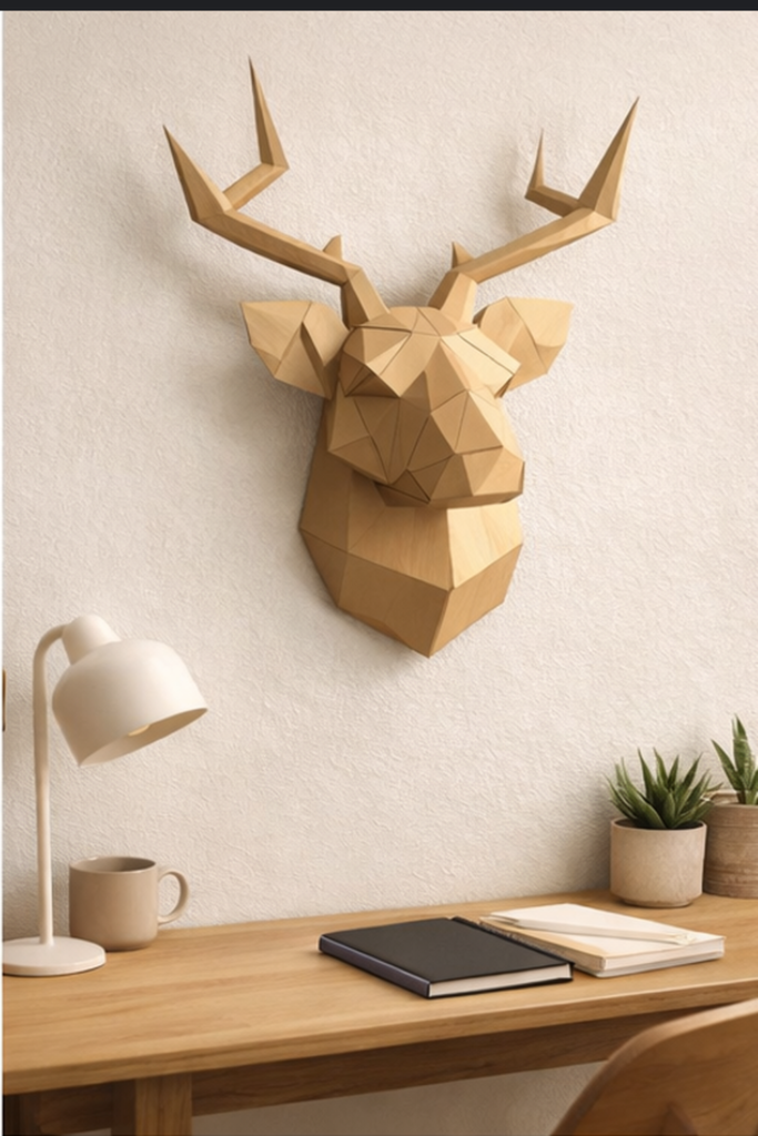 Modern 3D deer head papercraft wall art mounted on wall