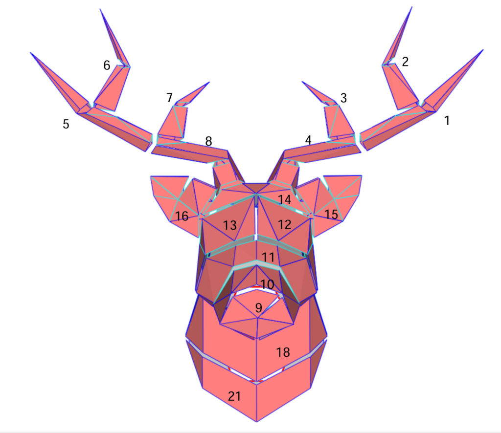 3D deer head papercraft template with numbered assembly parts