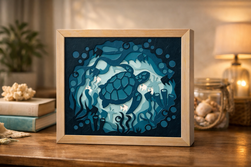 Layered sea turtle shadow box SVG (6 layers) papercut artwork in a square frame