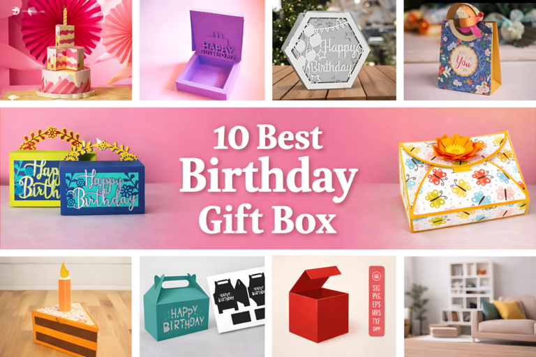 Collage of 10 birthday gift box SVG templates for Cricut, including cake box, shadow box, handbag-style box, envelope box, and other layered paper gift box designs.