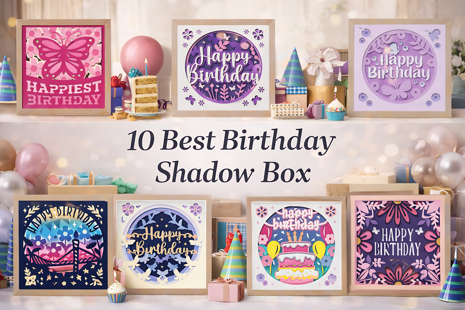 featured image collage of birthday shadow box SVG designs with festive decor and title 10 Best Birthday Shadow Box