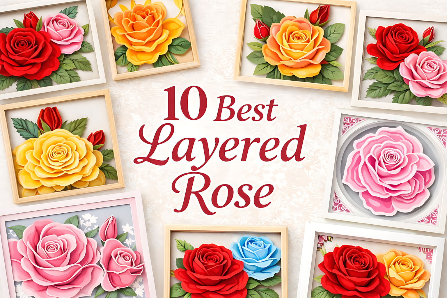 Framed layered rose artworks with the title “10 Best Layered Rose”.