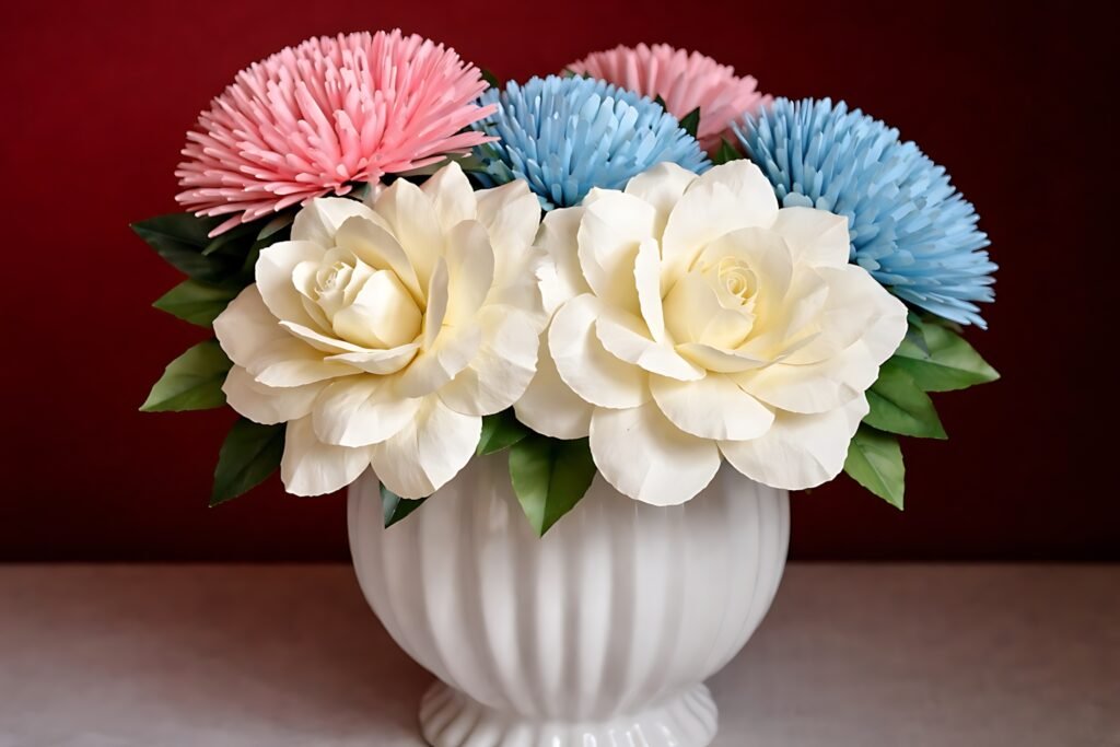 Garden rose paper flower SVG in a vase with white blooms and green leaves