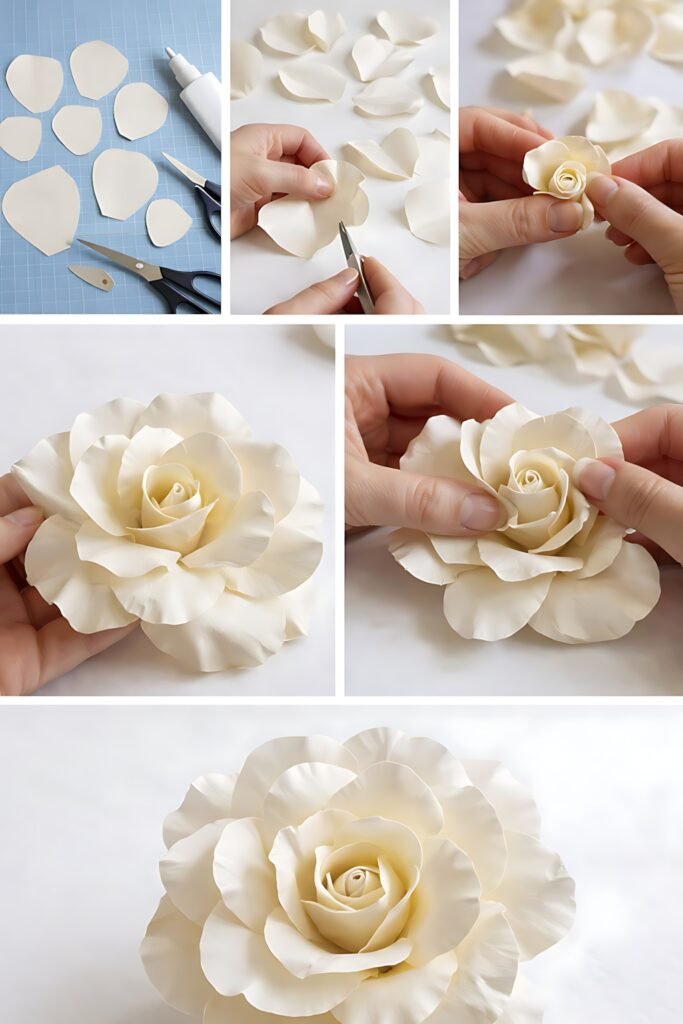 Step-by-step collage showing garden rose paper flower SVG assembly and finished flower