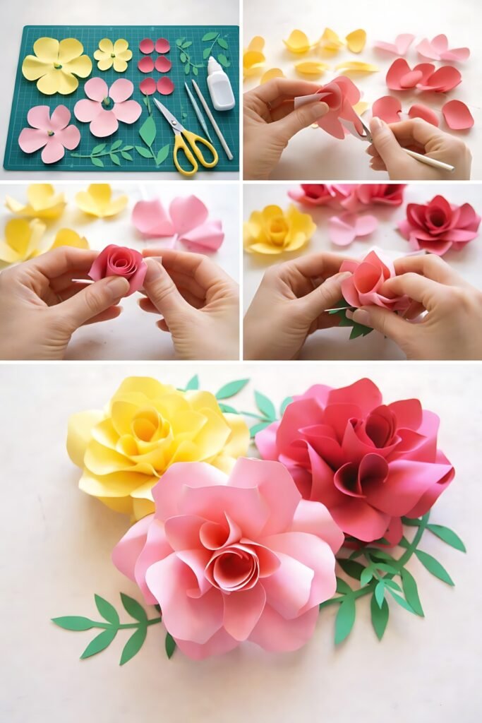 Step-by-step collage showing Ansley rose paper flower SVG assembly and finished flowers