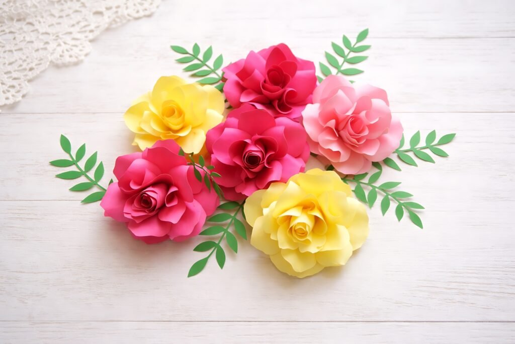 Ansley rose paper flower SVG in pink and yellow with green leaves