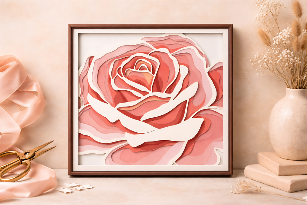 Layered rose SVG framed paper cut design in soft pink tones