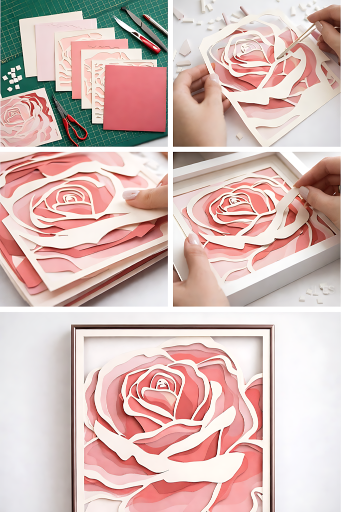 Step-by-step collage showing layered rose paper cut assembly and finished framed design