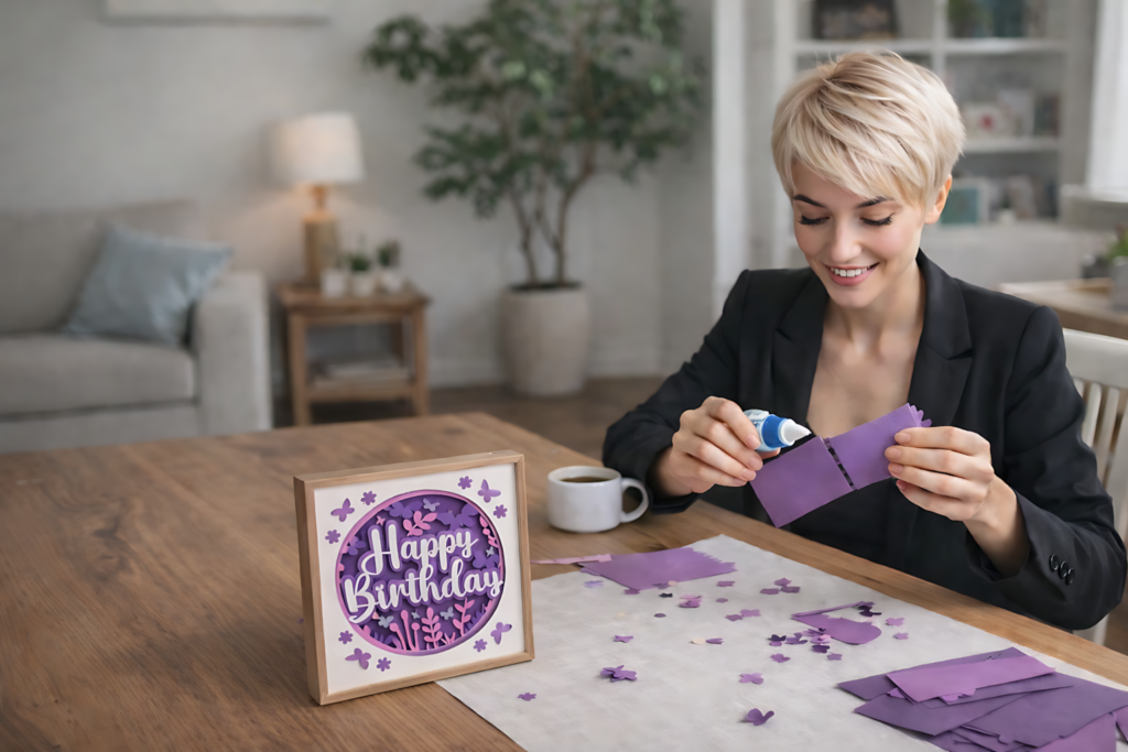 person assembling a birthday shadow box svg at a table with purple paper pieces and framed Happy Birthday design
