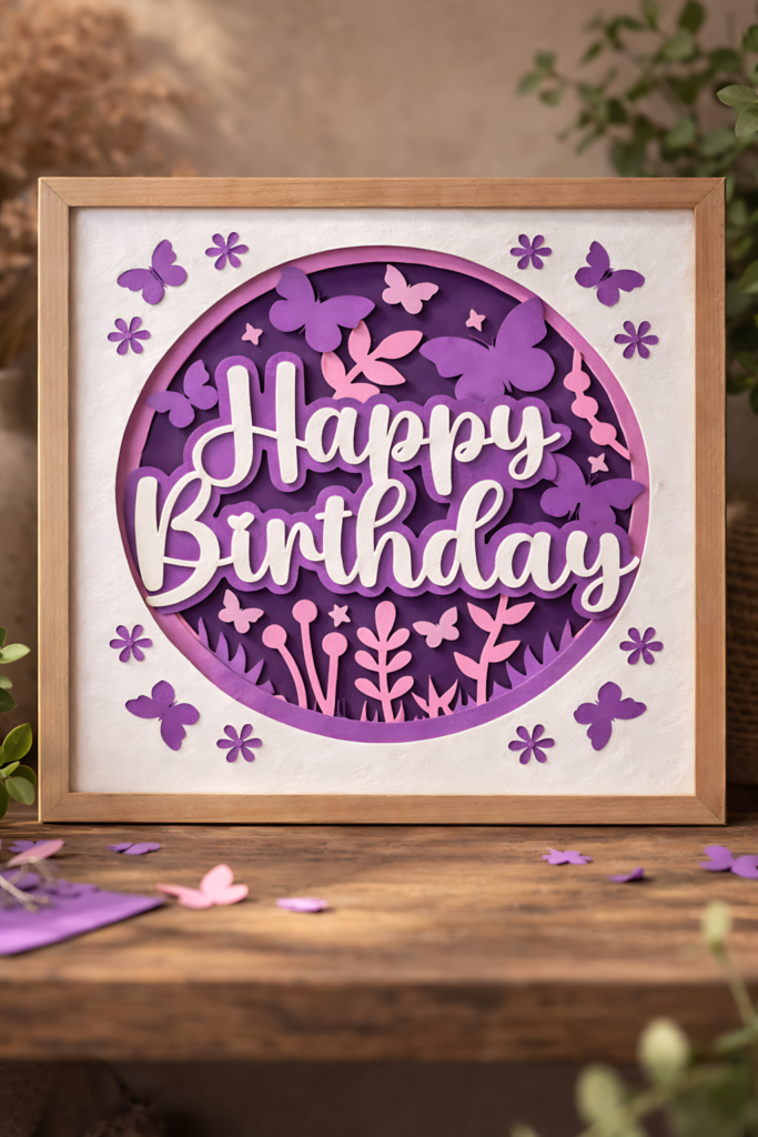 birthday shadow box svg with purple butterflies and layered Happy Birthday design in a wooden frame