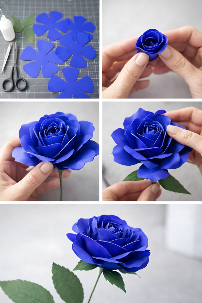 Step-by-step collage showing blue paper rose assembly and finished flower