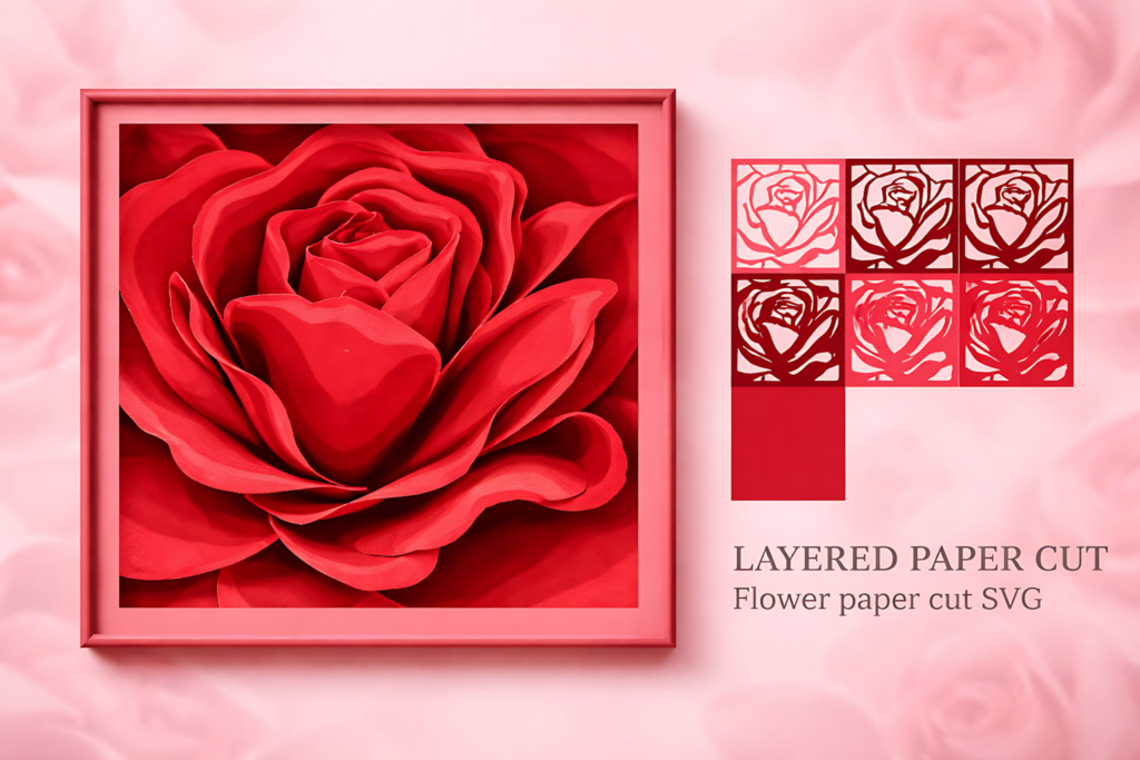 Bold red layered rose paper cut