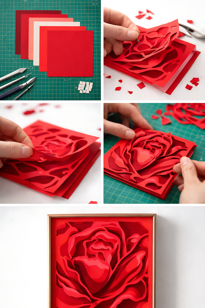 Red rose papercut process collage