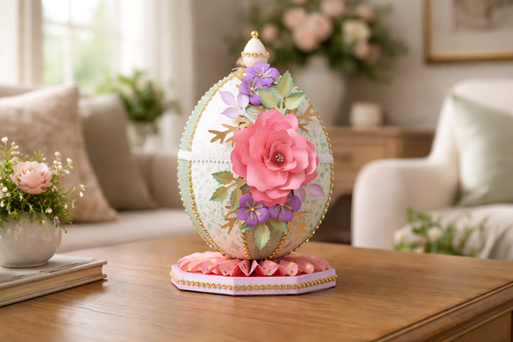 Eggs-Quisite Easter gift box SVG template in the shape of a decorative floral egg displayed on a coffee table