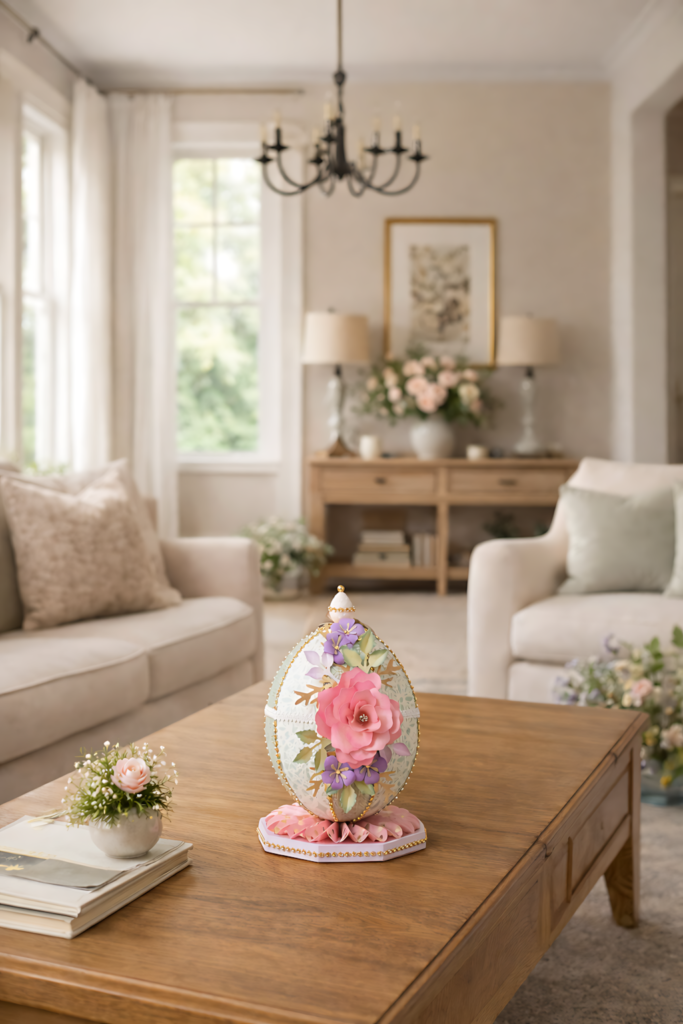 Decorative Easter gift box SVG template shaped like an ornate egg in a cozy spring living room