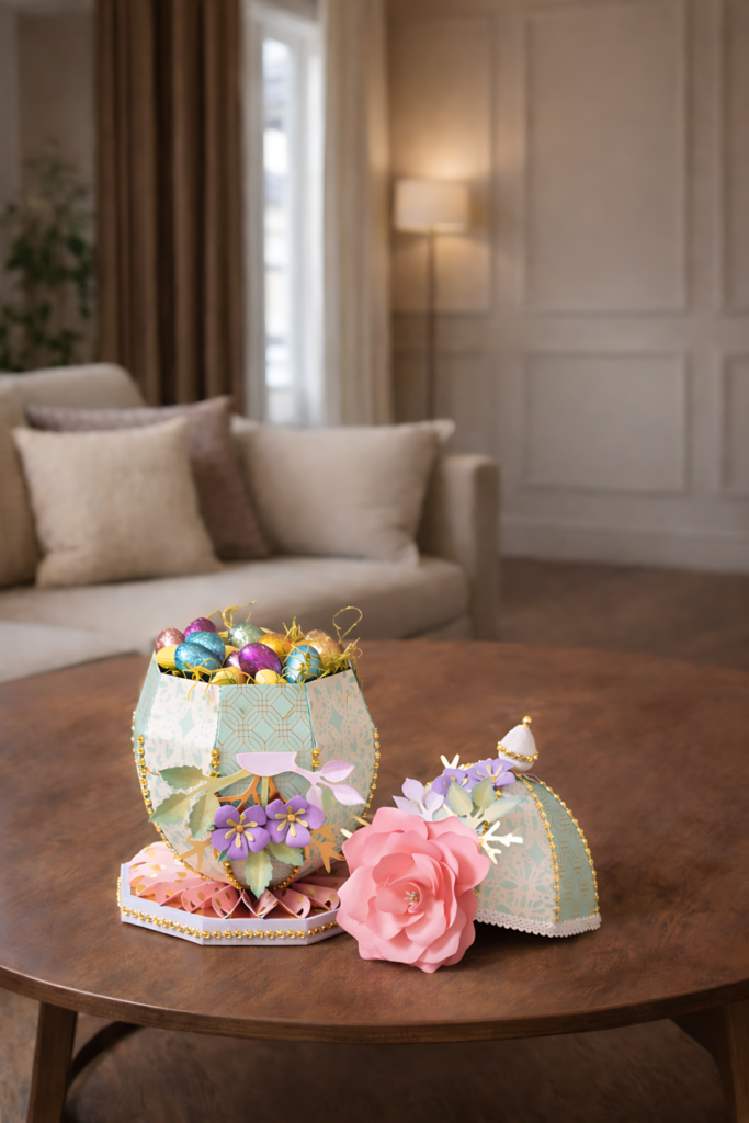 Open floral Easter gift box SVG template with hidden compartment and layered paper details