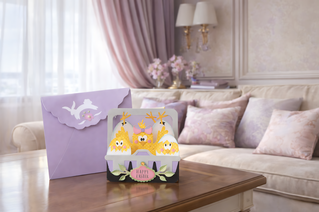 My Little Chickadees box card SVG with purple envelope on a coffee table