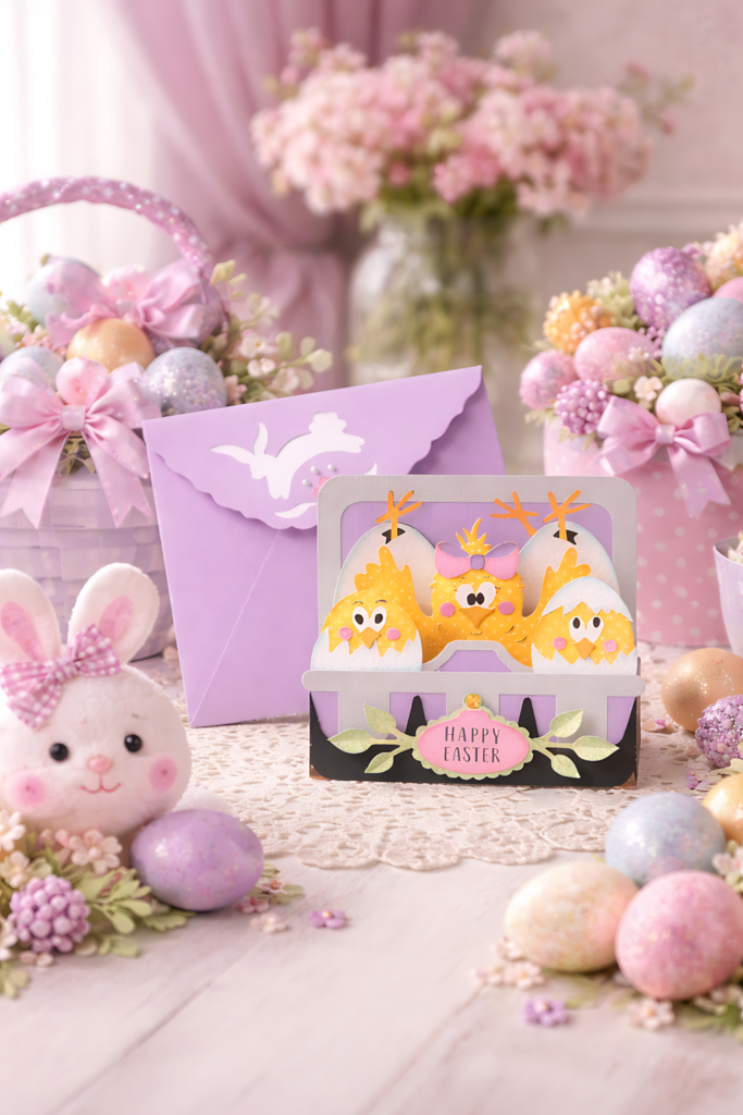 My Little Chickadees Easter box card SVG with pastel eggs and spring decor