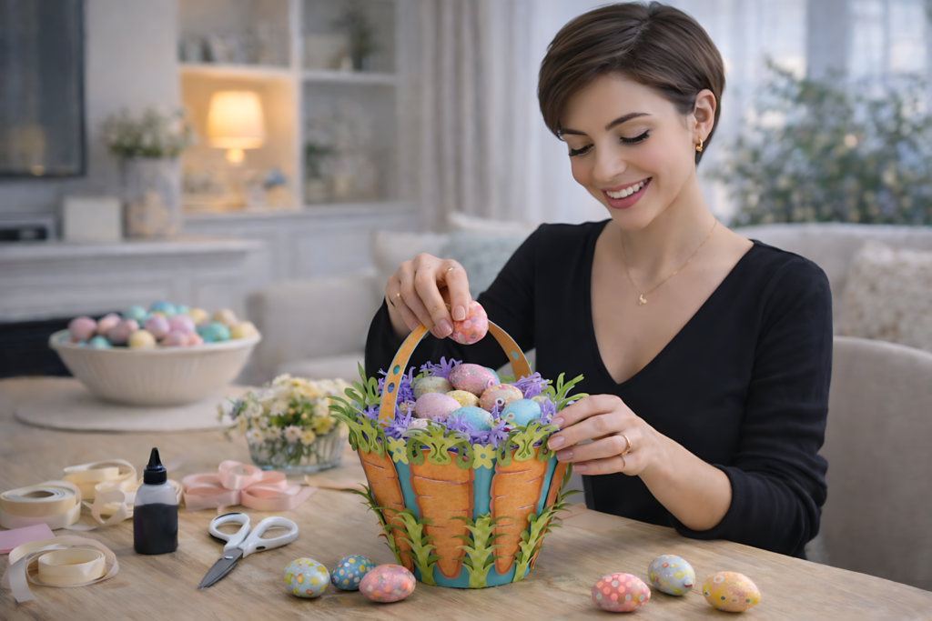 Woman assembling a DIY Easter carrot basket papercraft with colorful eggs