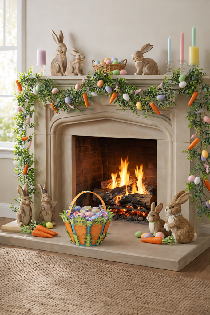 Easter carrot basket papercraft filled with eggs near a fireplace