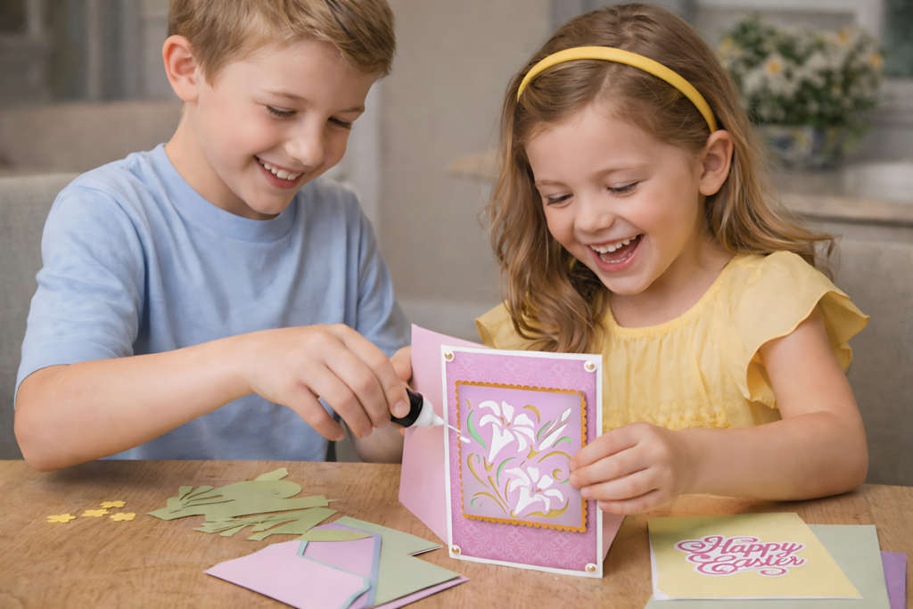 Kids making an Easter lilies papercraft greeting card