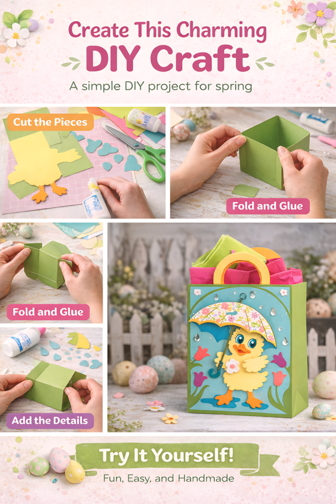 Step-by-step collage for a spring chick gift bag from the Easter Adorables SVG bundle