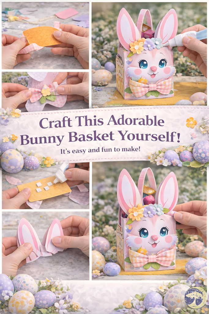 Step-by-step collage for a bunny basket from the Easter Adorables SVG bundle