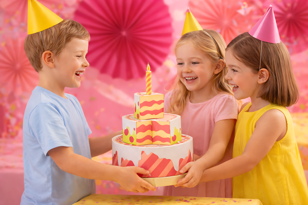 Children holding a birthday cake box SVG in a bright pink party scene