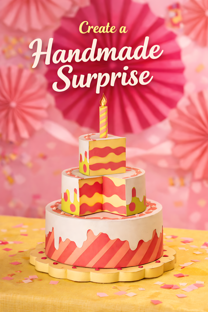 Birthday cake box SVG paper craft in pink and yellow colors