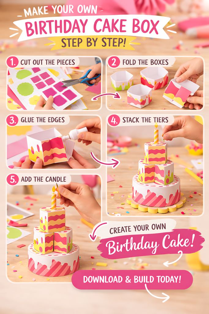Step by step birthday cake box SVG assembly guide
