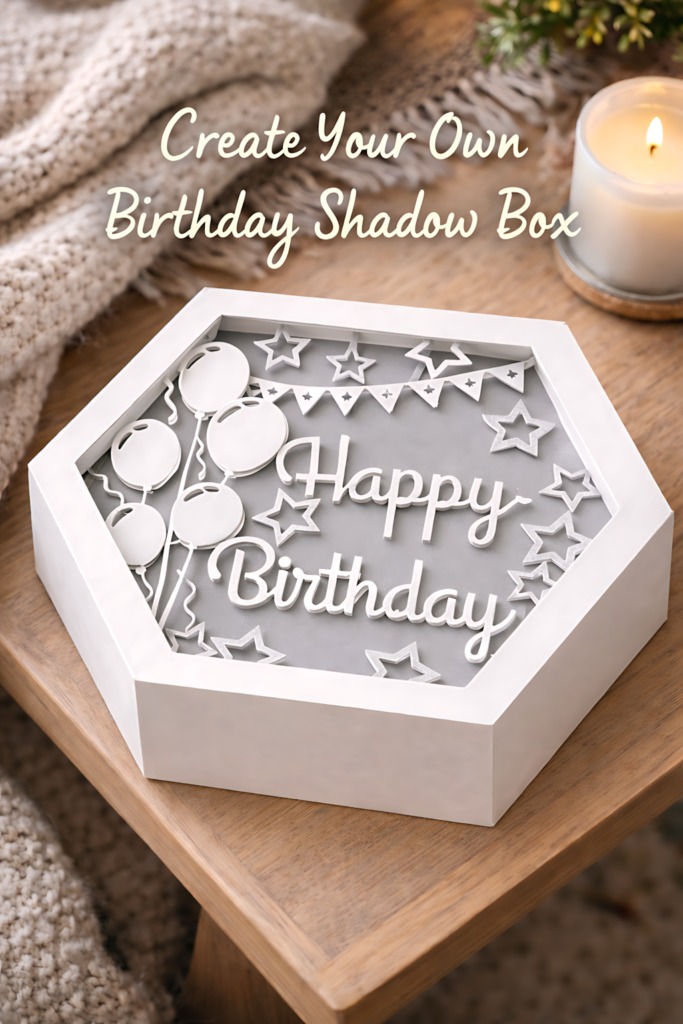 Happy birthday hexagon shadow box SVG displayed on a wooden tray