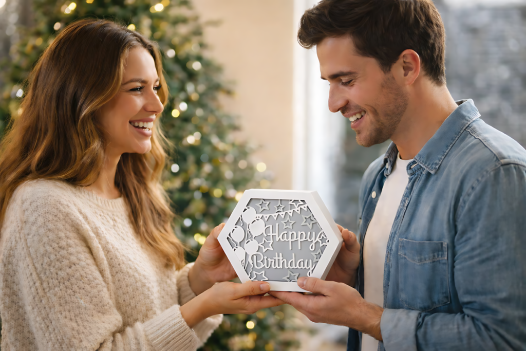 Couple holding a happy birthday hexagon shadow box SVG gift