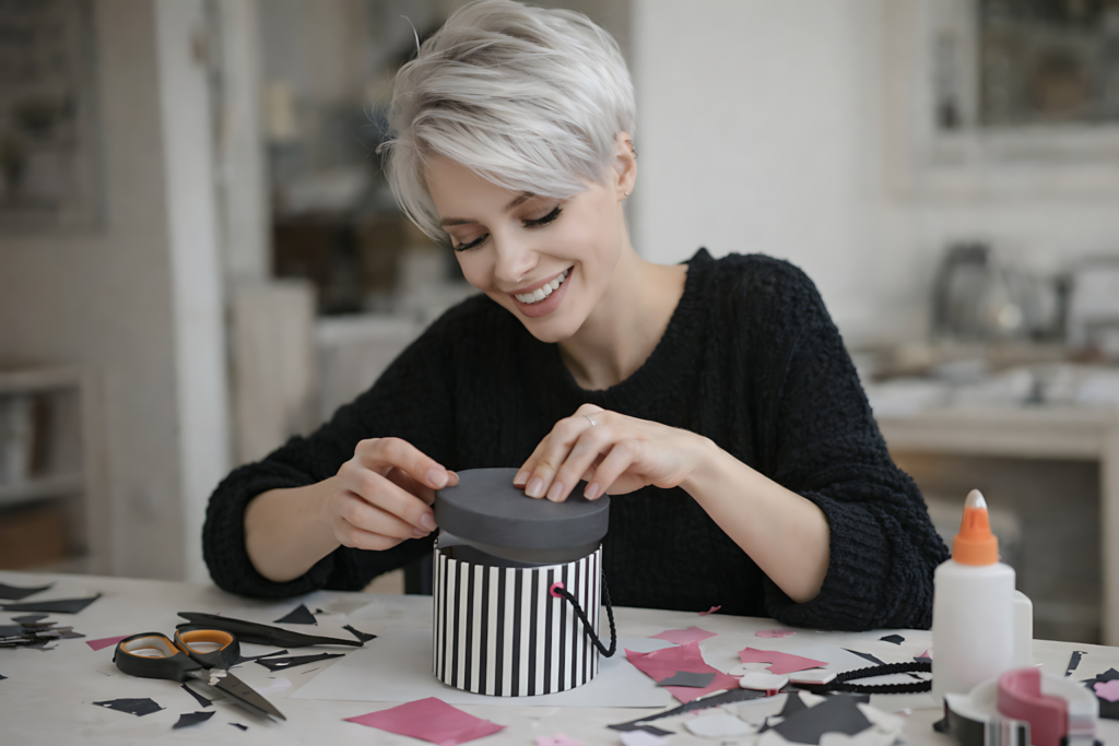 Woman assembling a mini hat treat box SVG at a craft table