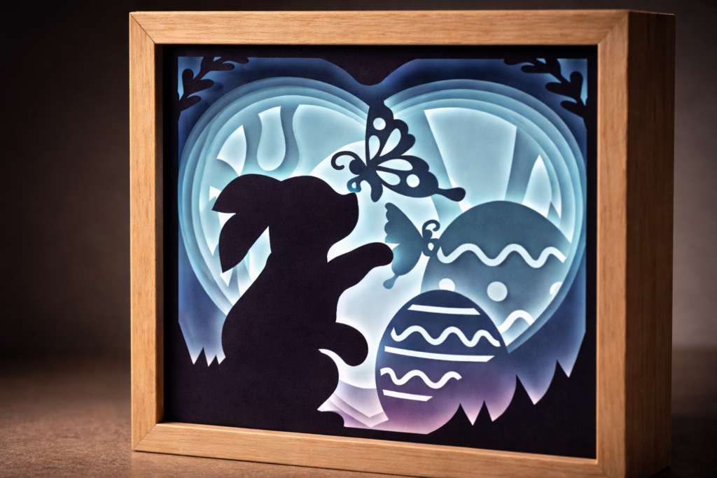 Bunny in heart shape Easter 3D shadow box SVG layered papercut design