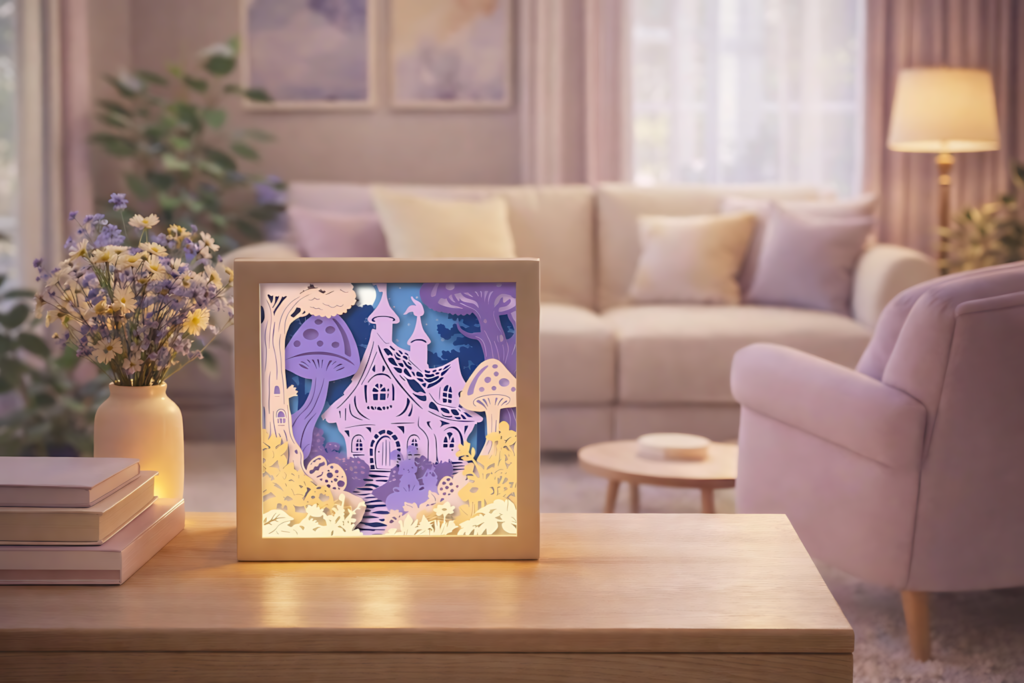 Easter forest bunny cottage shadow box SVG papercut decor