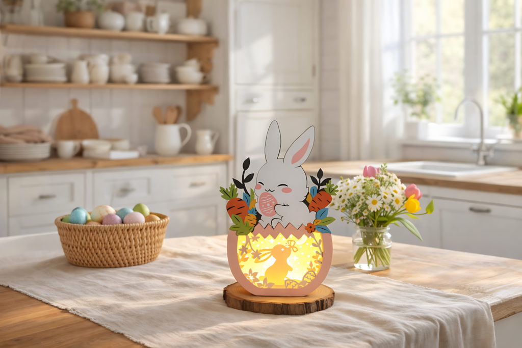 cute Easter bunny holding egg shadow box SVG papercraft decor