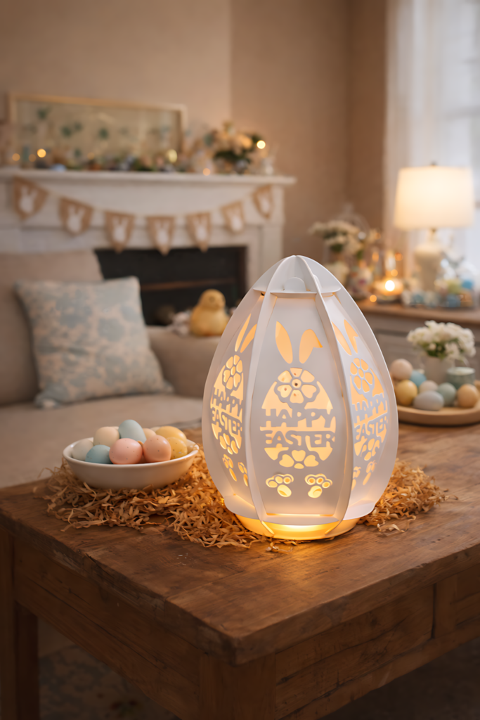 DIY Easter egg lantern SVG decoration glowing on a spring table centerpiece
