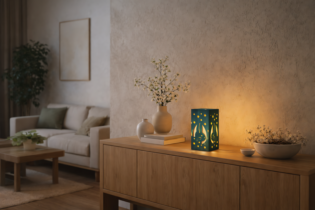 3D Easter lantern paper cut SVG template glowing on wooden cabinet spring home decor