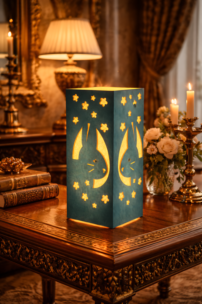 DIY Easter bunny lantern SVG papercraft decoration glowing on vintage table