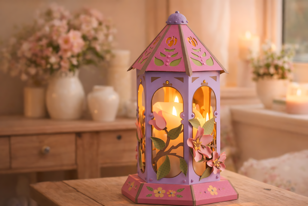 Apple blossom lantern SVG papercraft design glowing with LED candle spring home decor