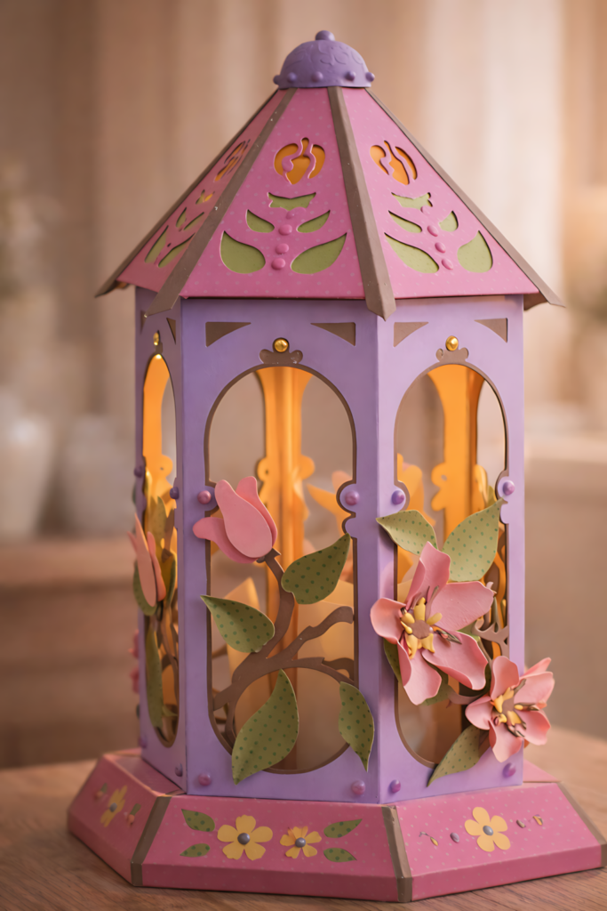 3D apple blossom lantern SVG papercraft template with floral cut design