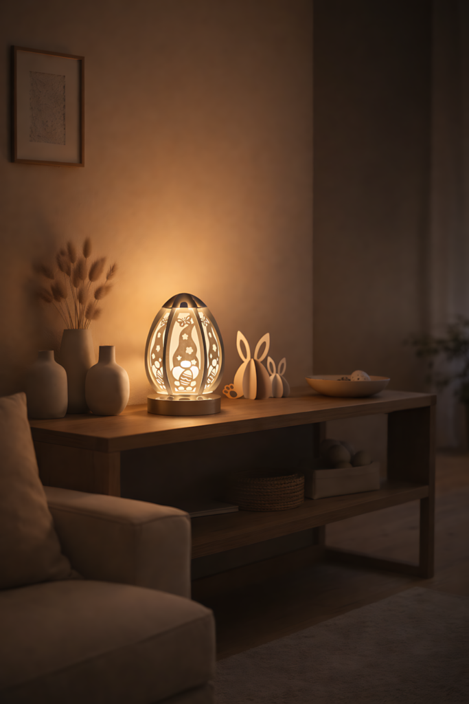 Decorative Easter paper lantern SVG glowing on table cozy spring home decor