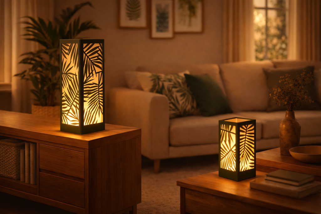 Palm leaf paper lantern SVG glowing decorative lantern in cozy living room interior