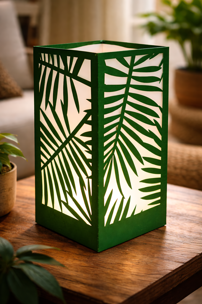 Green palm leaf paper lantern SVG template close-up papercraft lantern design